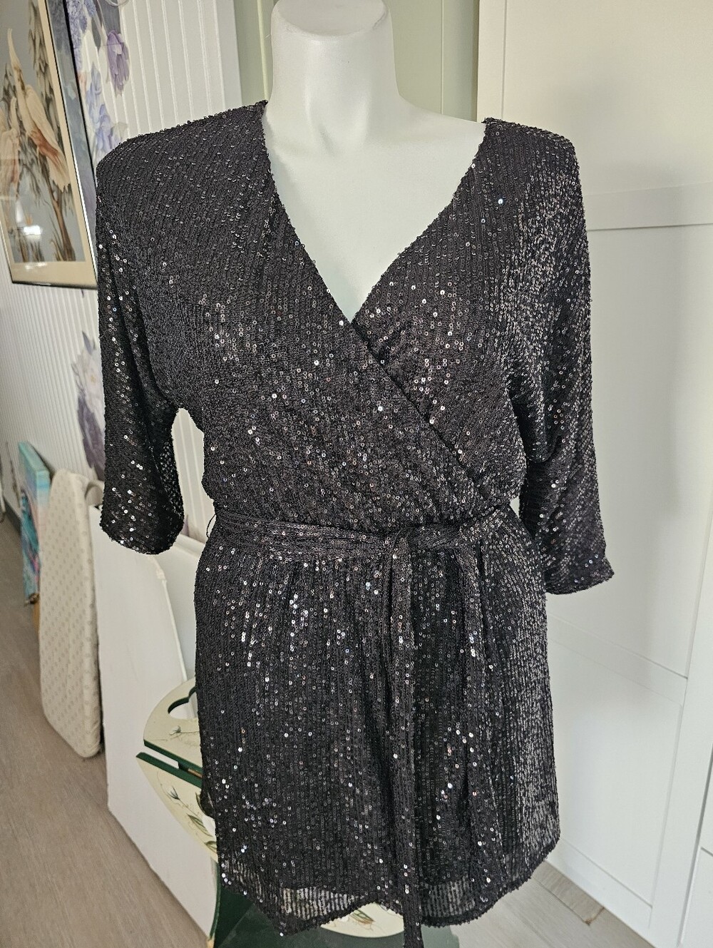 Fashion Nova NWT Black Sequin Wrap Dress Sz L Sparkly Party Mini Gown Or Tunic
